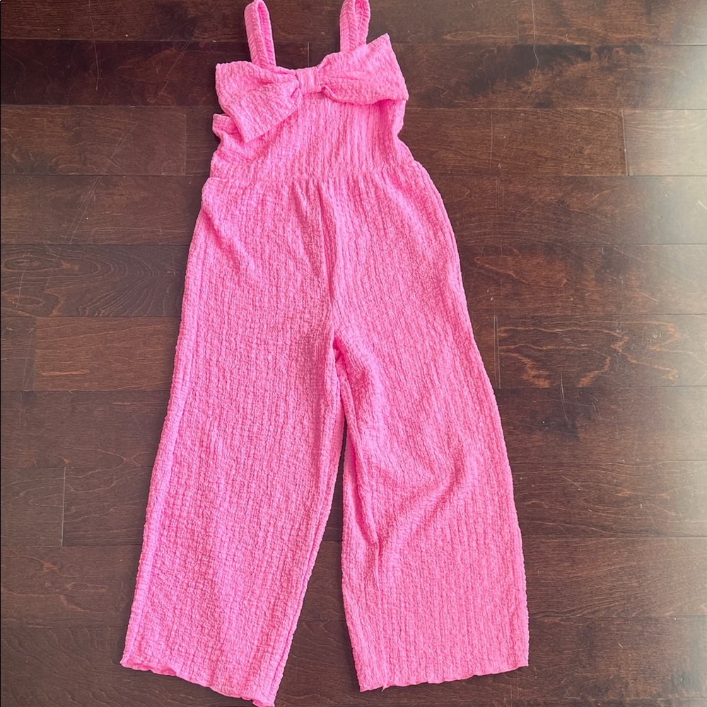 Zara Bright Pink Textured Girls Jumpsuit with Bow